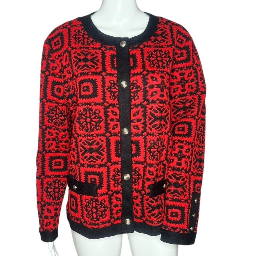 Stuart‎ Alan  Cardigan Sweater Womens Size 10 Red Black Geometric Patch Vintage